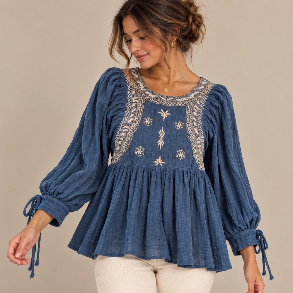 Free People Bali Birdie Embroidered Tunic Blouse Navy Blue Boho Peasant Top S